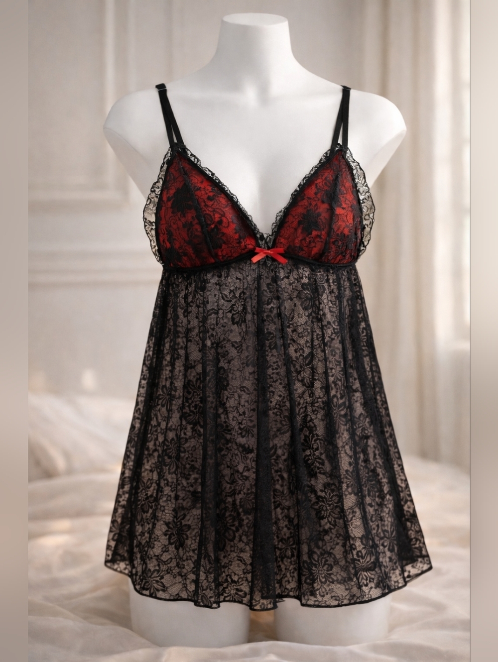 NEW Coquette Black Red Sheer Lace Babydoll Chemise XL Sheer Sexy Lingerie V Neck